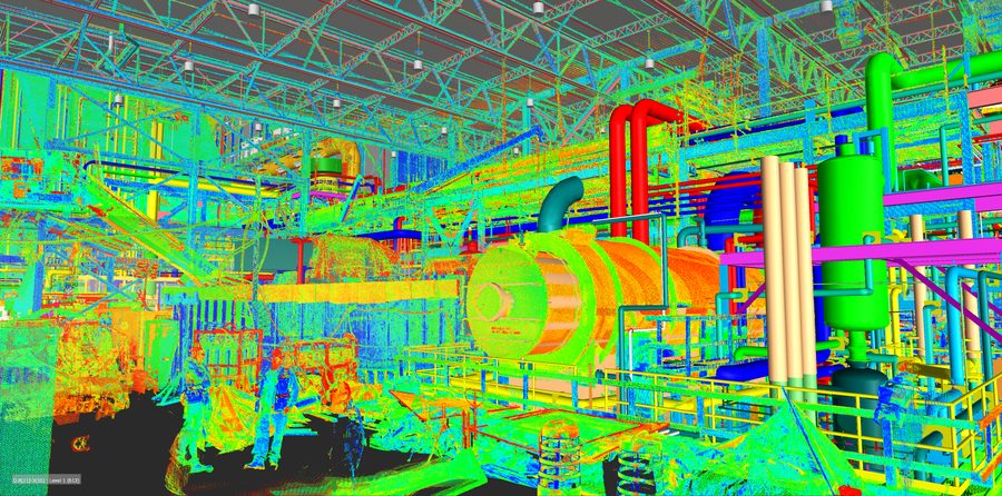 Colourised point cloud of an industrial facility interior