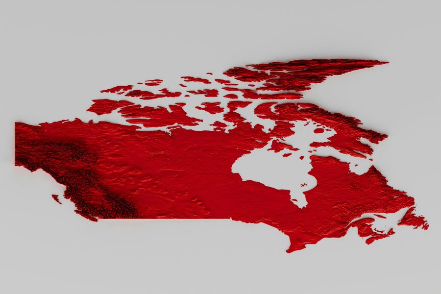 Shaded relief terrain model of Canada rendered from elevation data