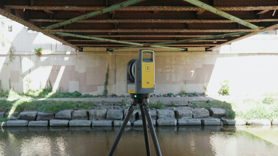 Terrestrial laser scanner set up beneath a bridge